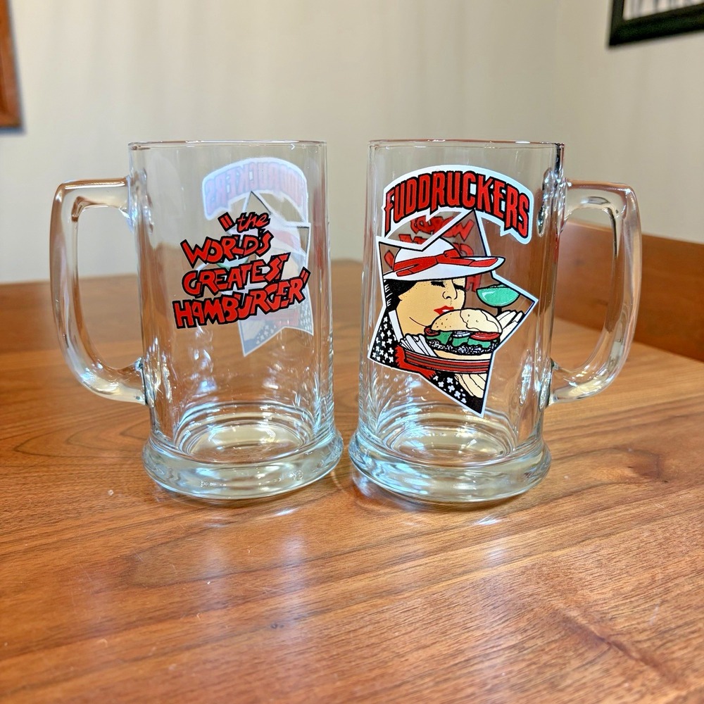Vintage Fuddruckers Glass Beer Mugs Set 2 Worlds Greatest Hamburger Clear 5.5in